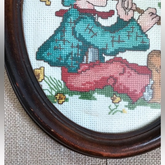 Vintage Piper Boy Framed Cross Stitch Whimsical Storybook Cottage Fairy Core - Picture 3 of 5